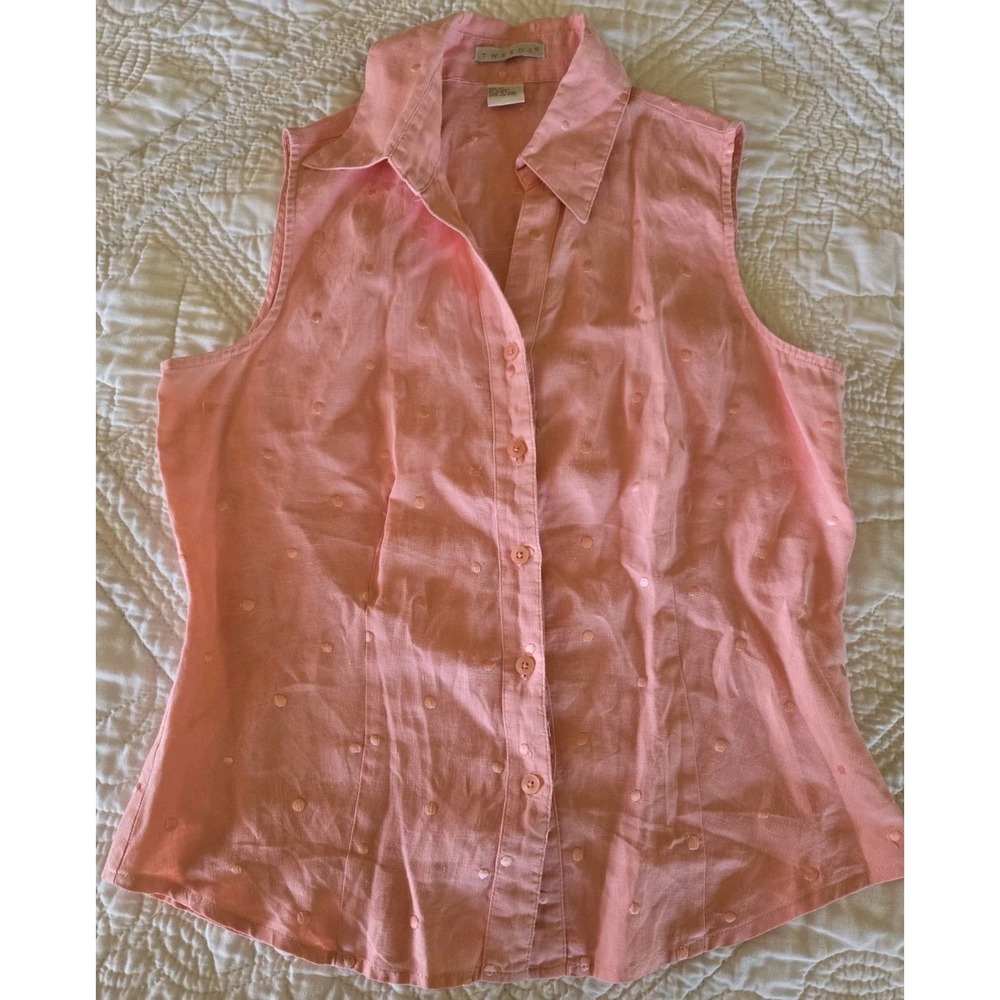 Tweeds Linen Women Peach Sleeveless M Embroidered Shirt Top Coastal Cottage Pink